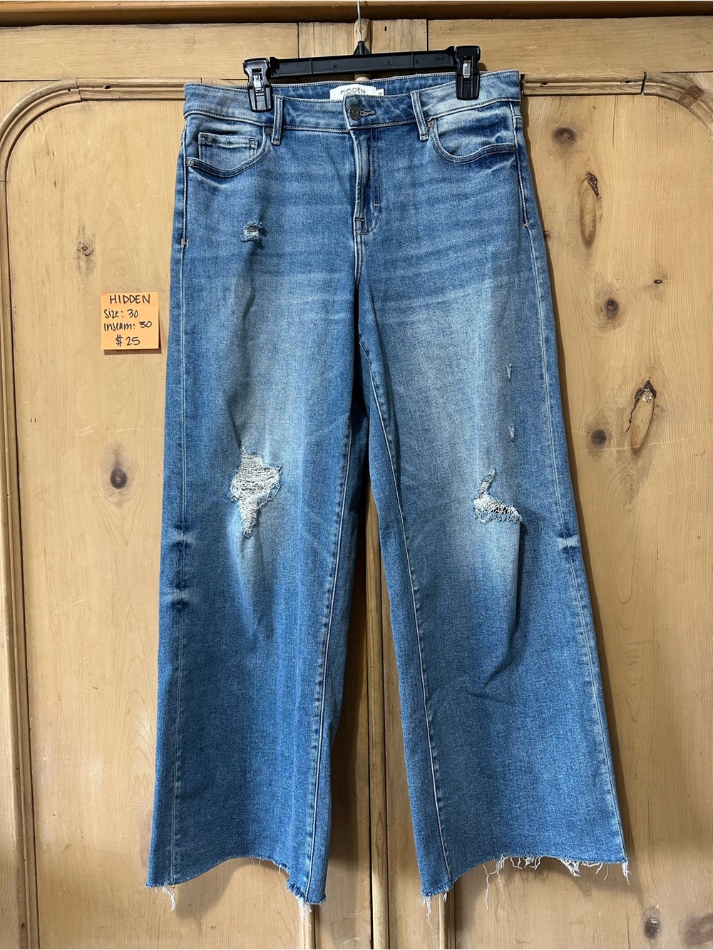 Hidden Wide-Leg Distressed Blue Jeans
